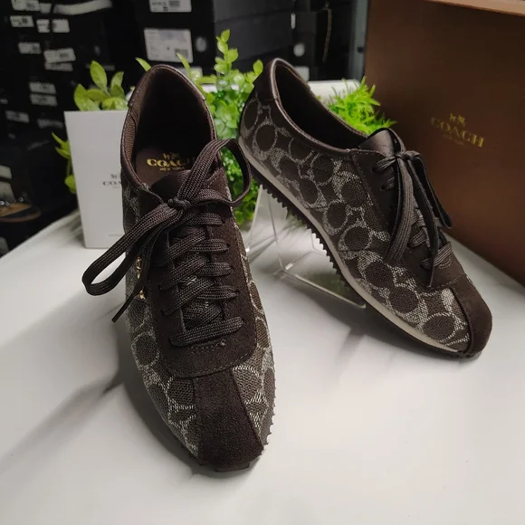 Coach Ivory Signature Monogram Sneakers | Black-Brown Chestnut Leather Trim - Picture 8 of 9